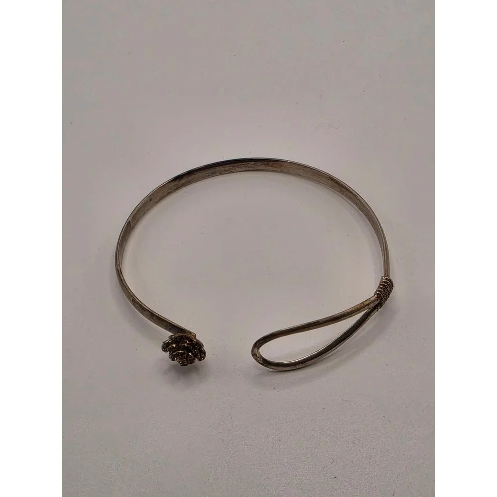 Sterling Silver S925 Rose Flower Bangle Bracelet Hook Eye Loop Floral Vintage